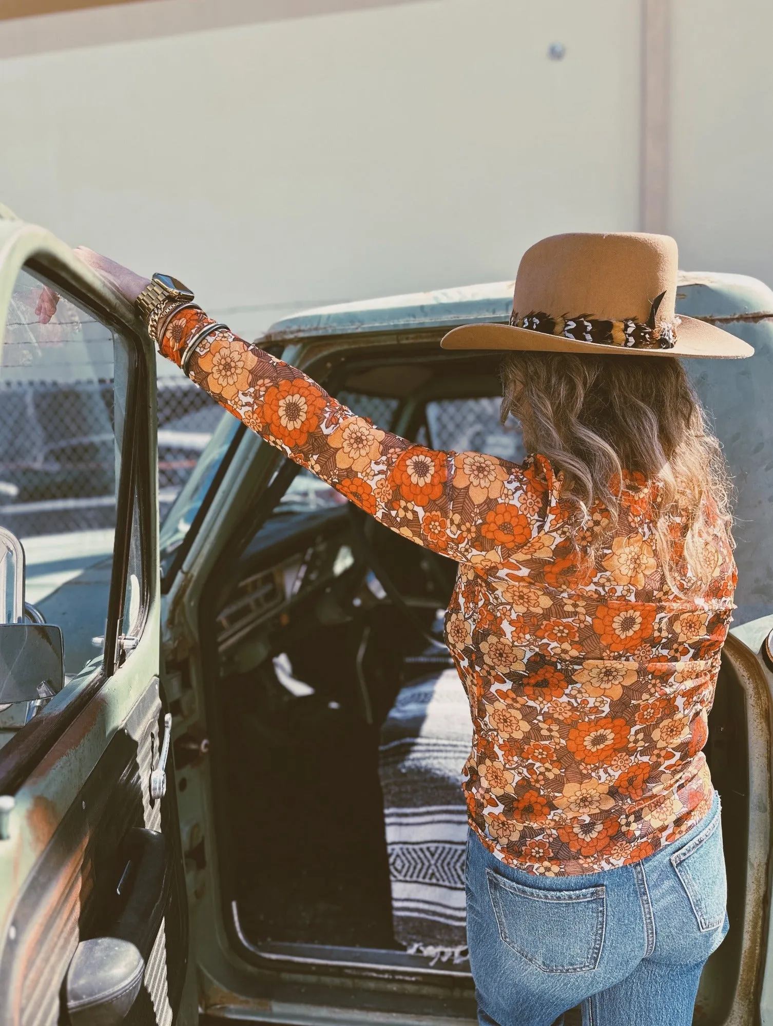 Groovy Floral Long Sleeve Mesh Top & Bell Bottom Set