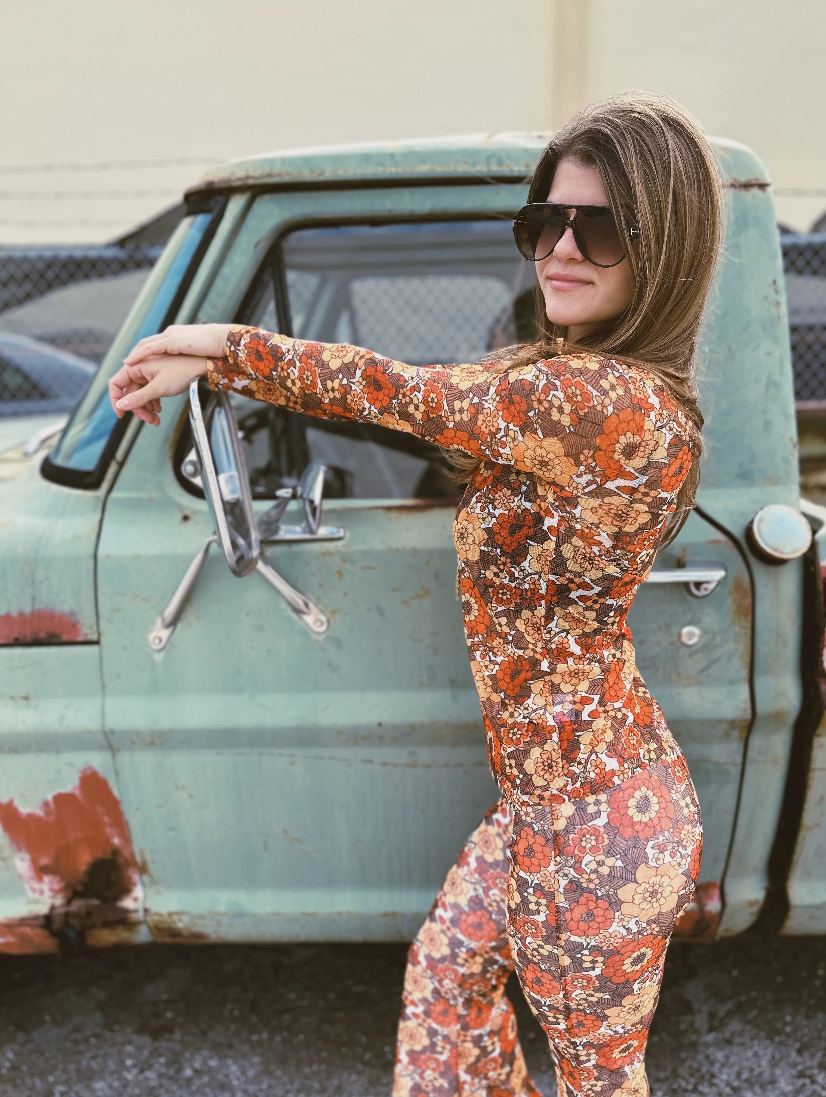 Groovy Floral Long Sleeve Mesh Top & Bell Bottom Set