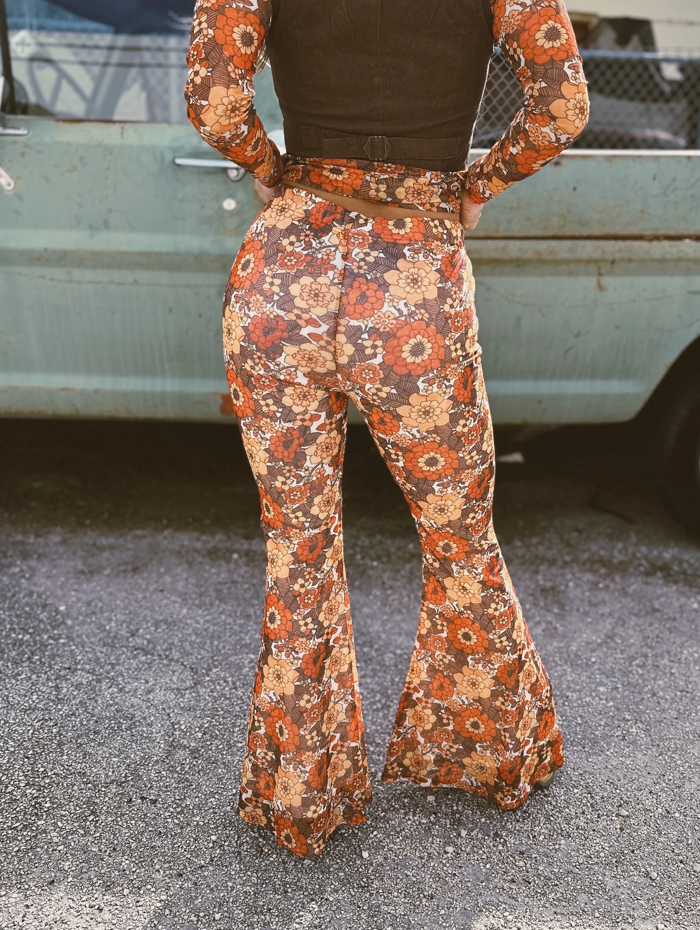 Groovy Floral Long Sleeve Mesh Top & Bell Bottom Set