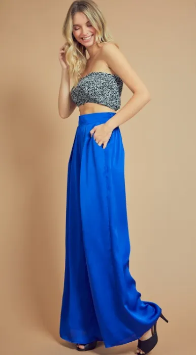 Lolol Royal blue front pleated satin wide pants with pockets