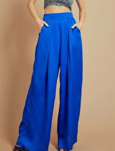 Lolol Royal blue front pleated satin wide pants with pockets