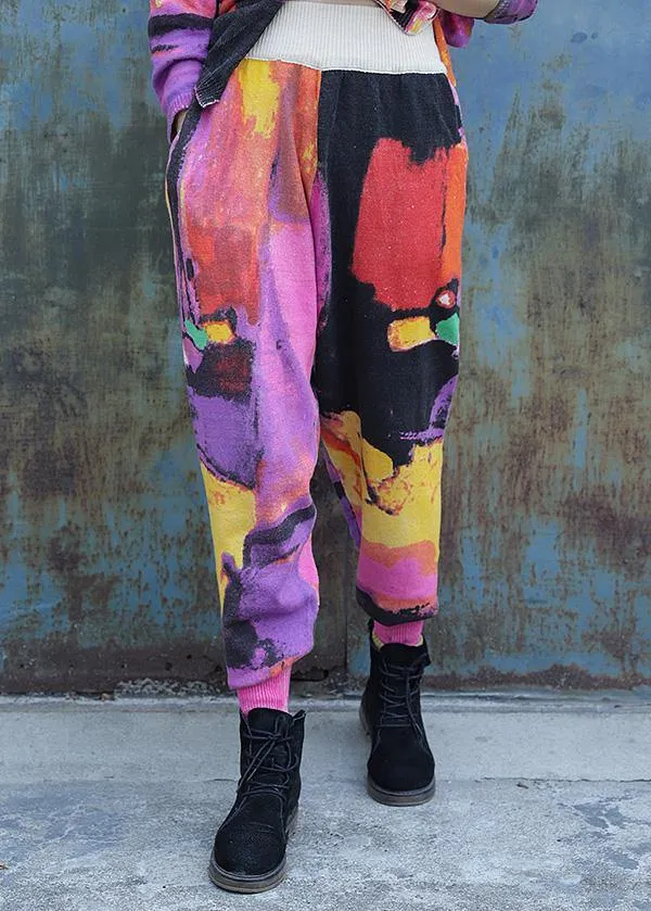 Loose elastic waist pants plus size purple red prints Work knit pant
