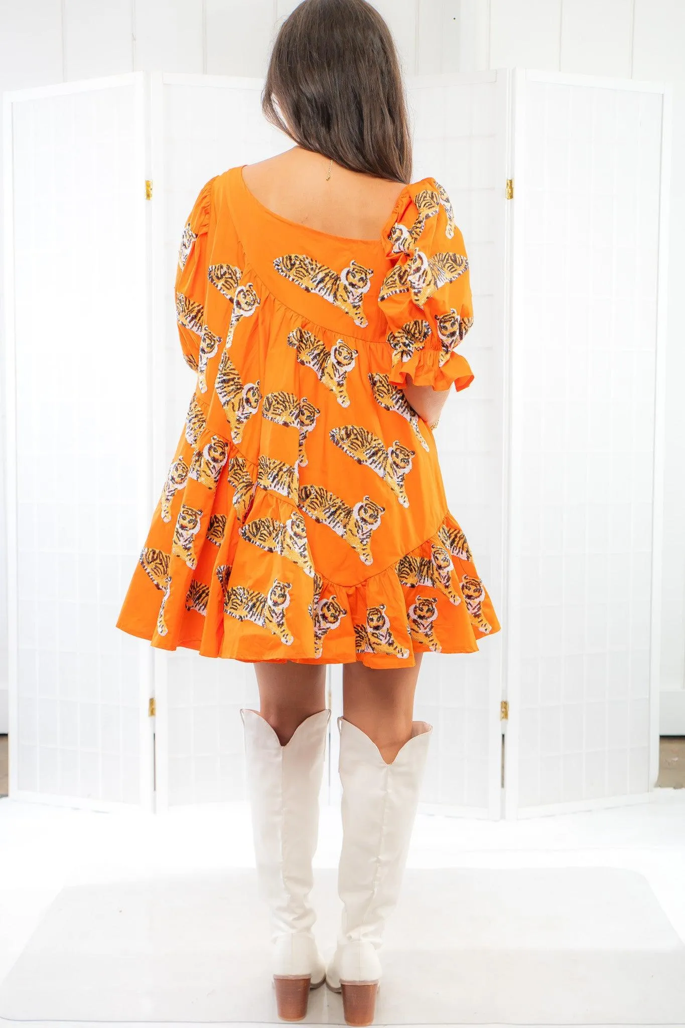 Queen of Sparkles Asymmetrical Orange Tiger Dress