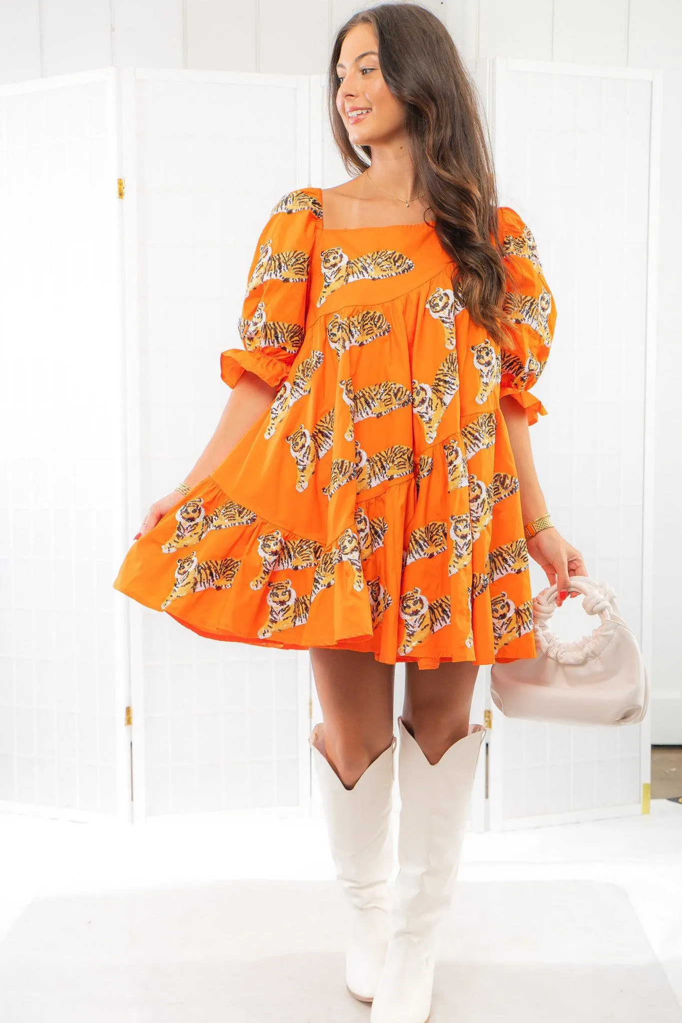 Queen of Sparkles Asymmetrical Orange Tiger Dress