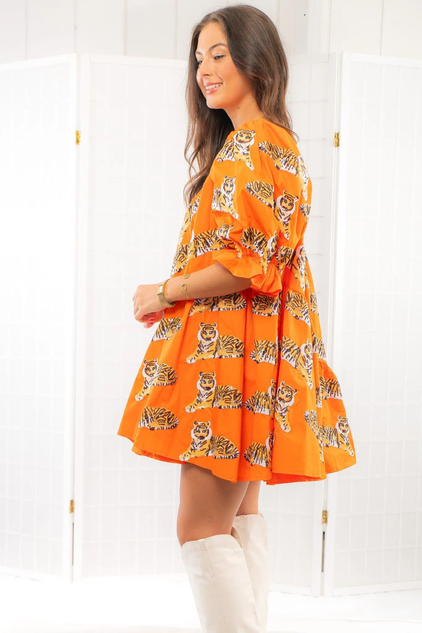 Queen of Sparkles Asymmetrical Orange Tiger Dress