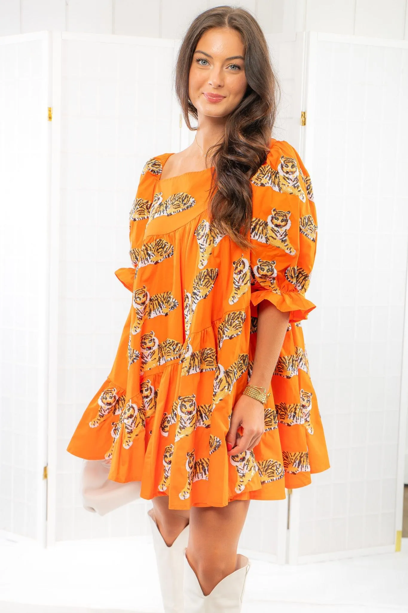 Queen of Sparkles Asymmetrical Orange Tiger Dress