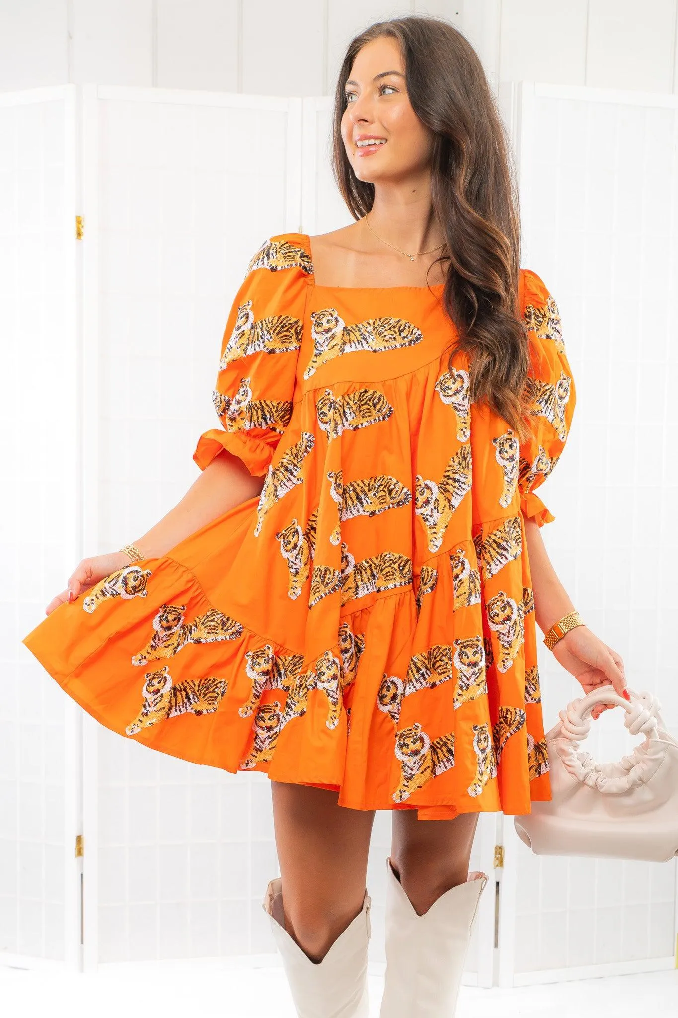Queen of Sparkles Asymmetrical Orange Tiger Dress