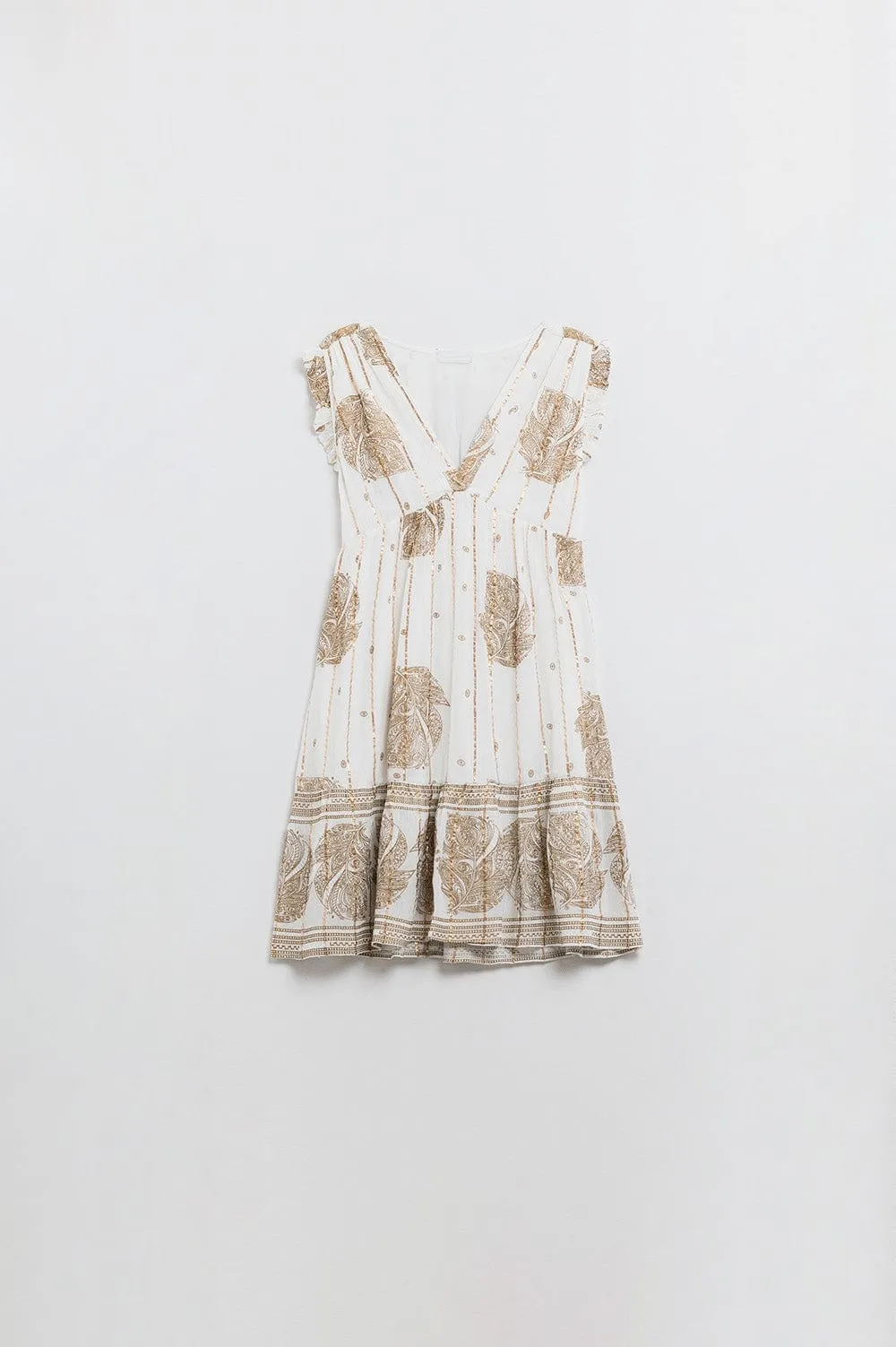 Short Babydoll Dress With Leaf Print And Lurex Thread In  White