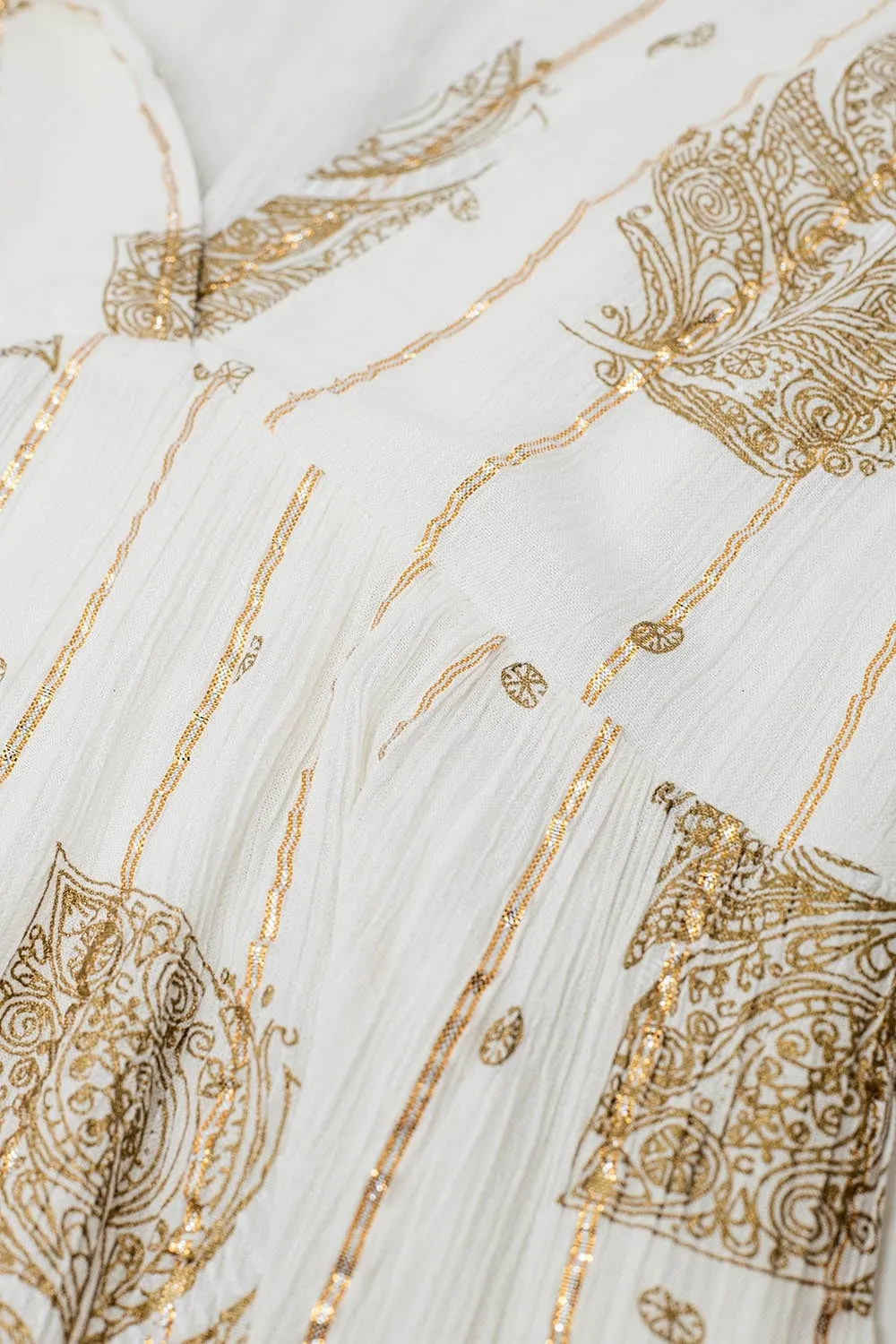 Short Babydoll Dress With Leaf Print And Lurex Thread In  White