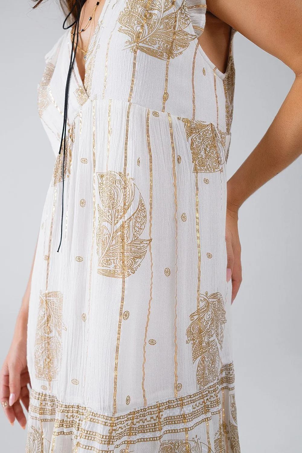 Short Babydoll Dress With Leaf Print And Lurex Thread In  White