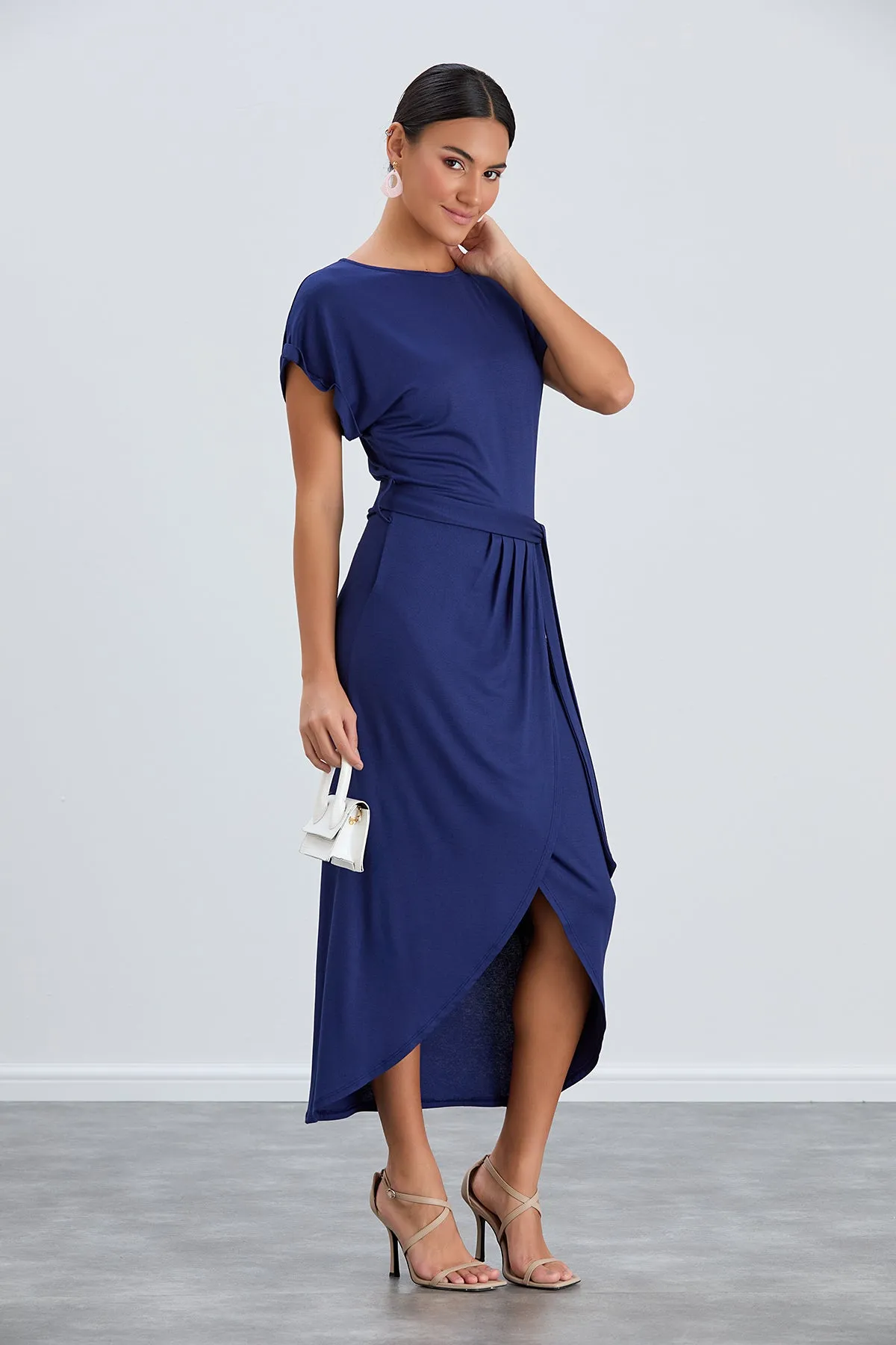 Short Sleeve Wrap Midi Dress in Navy