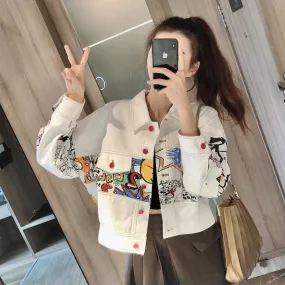 SLLSKY Short Print Graffiti Denim Jacket Women Spring Single Breasted Jean Coat Loose Long Sleeve Turn-down Collar Lady Jacket