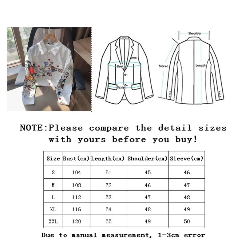 SLLSKY Short Print Graffiti Denim Jacket Women Spring Single Breasted Jean Coat Loose Long Sleeve Turn-down Collar Lady Jacket