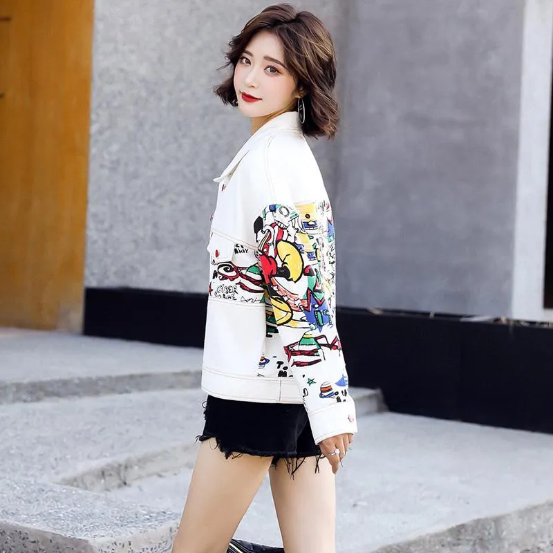 SLLSKY Short Print Graffiti Denim Jacket Women Spring Single Breasted Jean Coat Loose Long Sleeve Turn-down Collar Lady Jacket