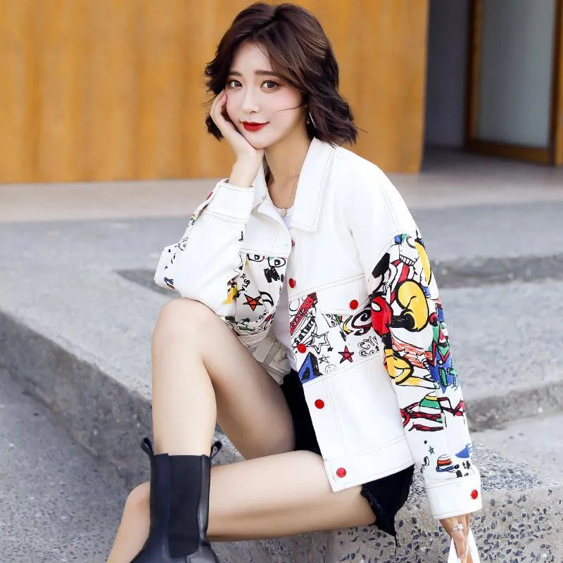 SLLSKY Short Print Graffiti Denim Jacket Women Spring Single Breasted Jean Coat Loose Long Sleeve Turn-down Collar Lady Jacket
