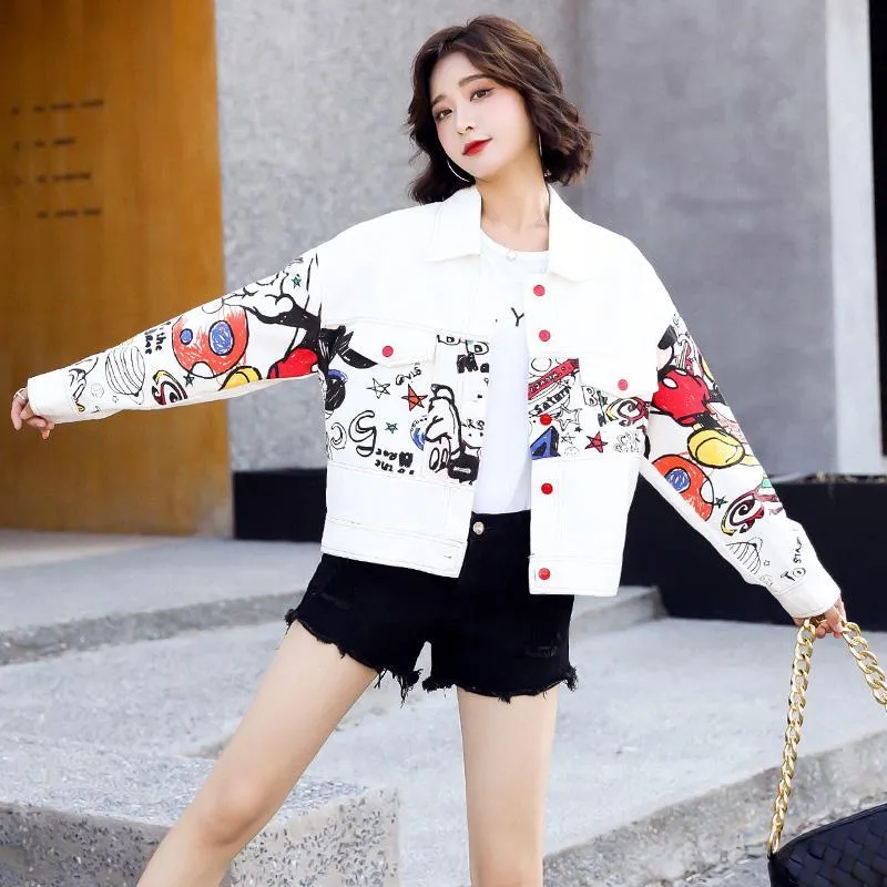 SLLSKY Short Print Graffiti Denim Jacket Women Spring Single Breasted Jean Coat Loose Long Sleeve Turn-down Collar Lady Jacket