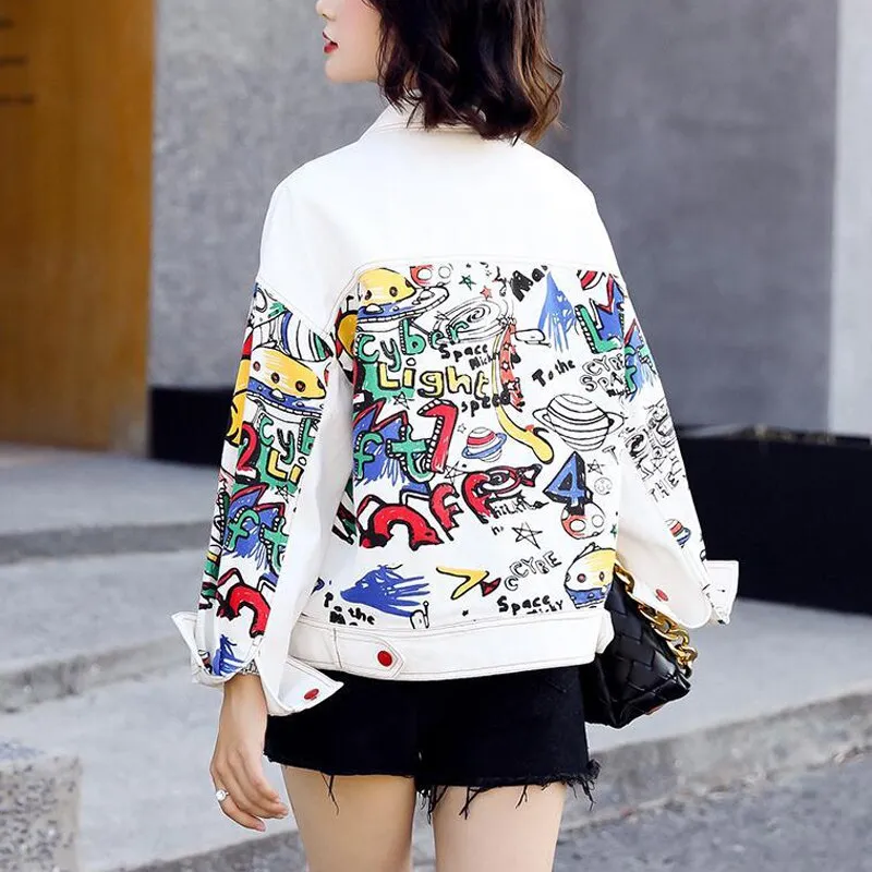 SLLSKY Short Print Graffiti Denim Jacket Women Spring Single Breasted Jean Coat Loose Long Sleeve Turn-down Collar Lady Jacket