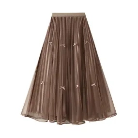 Spring Elegant Bow Mesh Midi Skirt