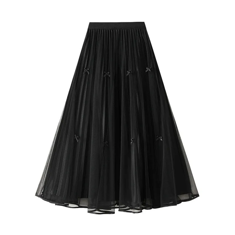 Spring Elegant Bow Mesh Midi Skirt