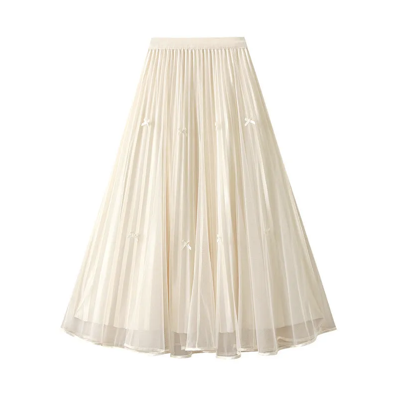 Spring Elegant Bow Mesh Midi Skirt