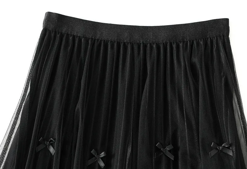Spring Elegant Bow Mesh Midi Skirt
