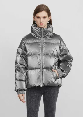 Stand Collar Zip Down Puffer Short Coat