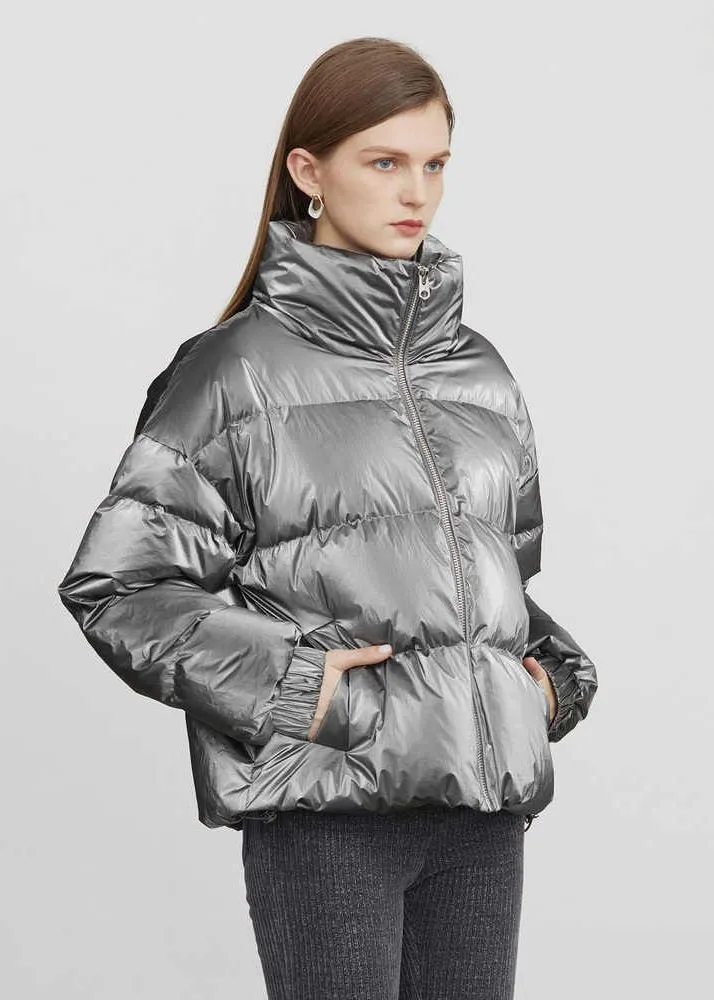 Stand Collar Zip Down Puffer Short Coat
