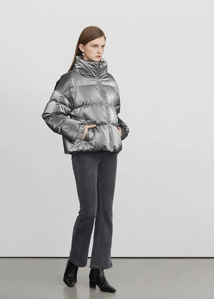 Stand Collar Zip Down Puffer Short Coat