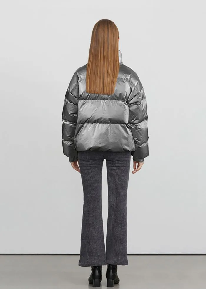 Stand Collar Zip Down Puffer Short Coat