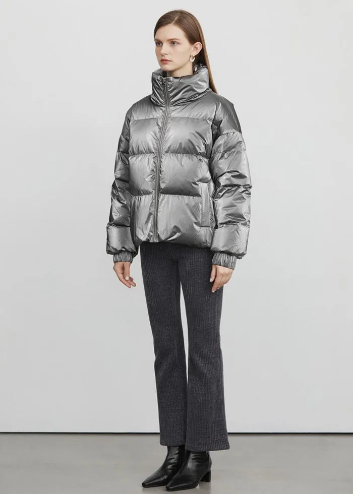 Stand Collar Zip Down Puffer Short Coat