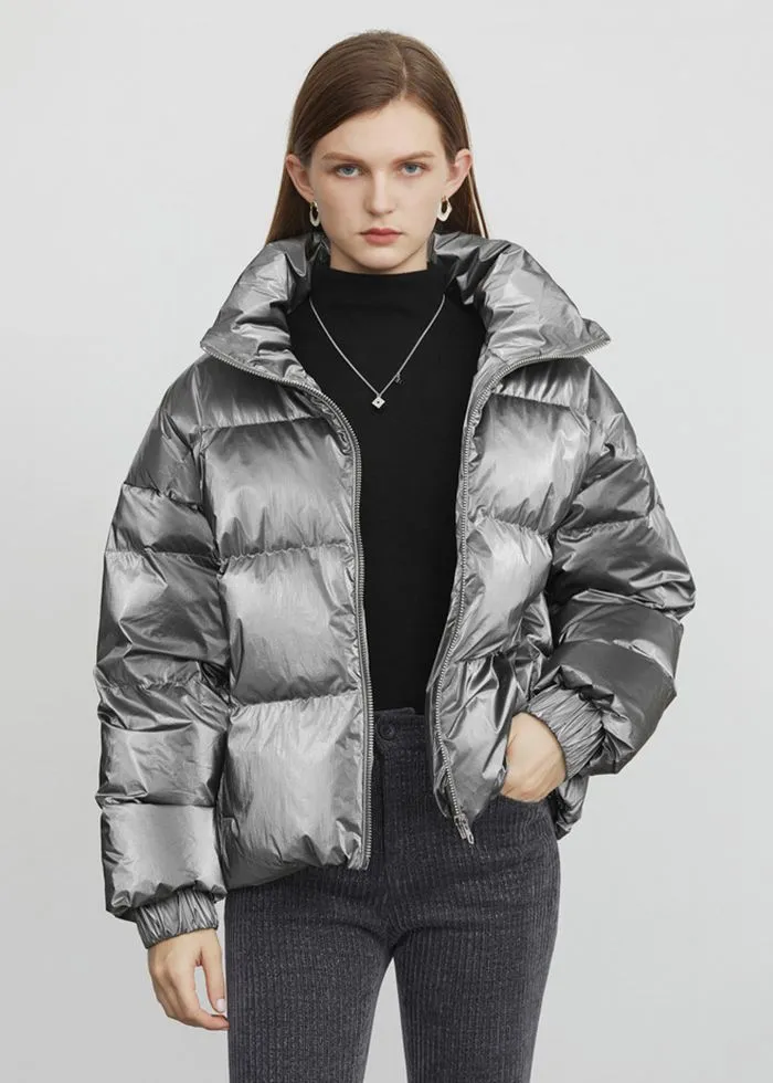 Stand Collar Zip Down Puffer Short Coat
