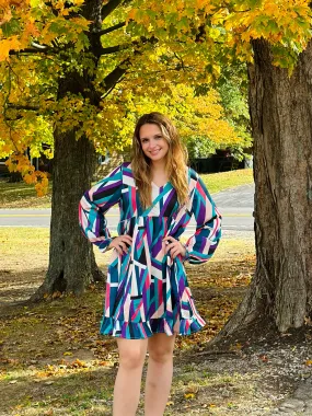 Teal Mix Print Babydoll Dress w/ V-Neck and Pockets Final Sale