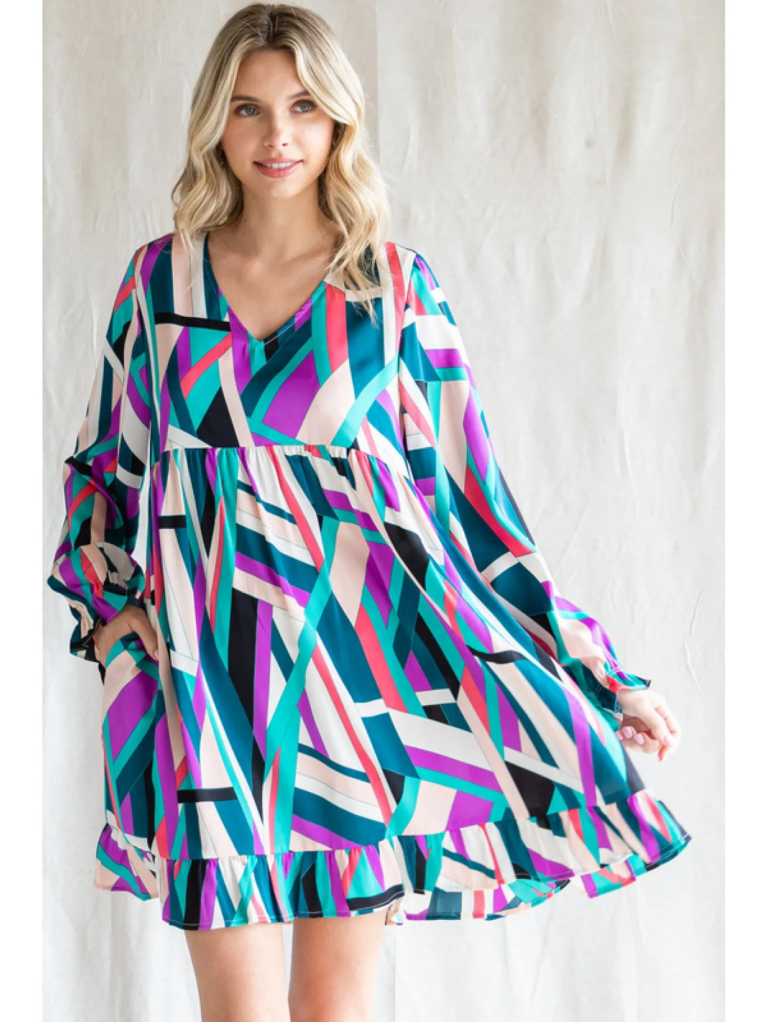 Teal Mix Print Babydoll Dress w/ V-Neck and Pockets Final Sale