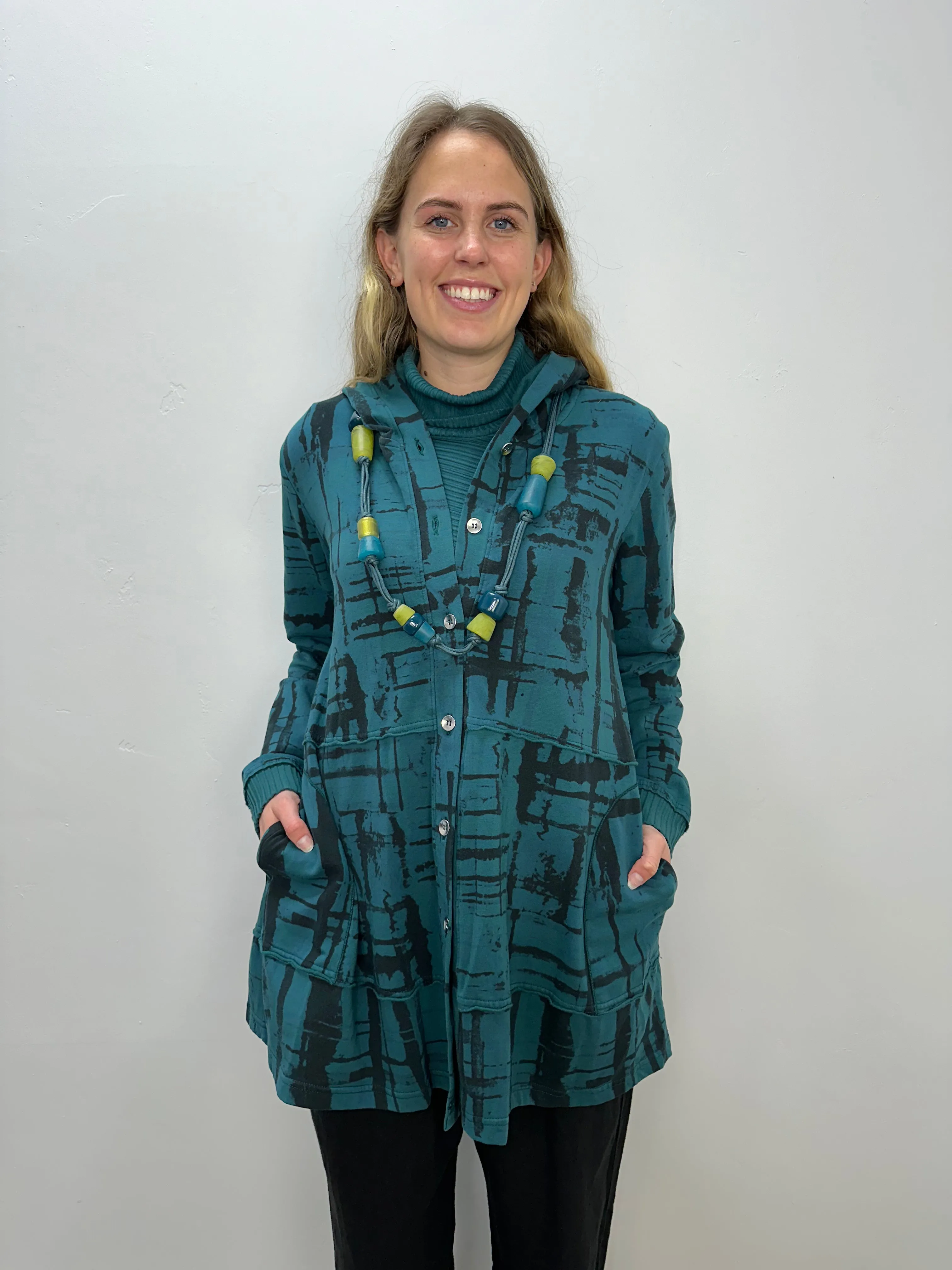 Teal Pattern Button Down Hooded Jacket