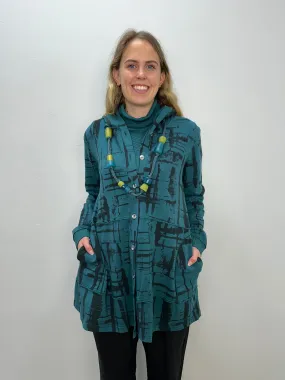 Teal Pattern Button Down Hooded Jacket