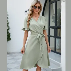 Tie Waist Flutter Sleeve Surplice Dress