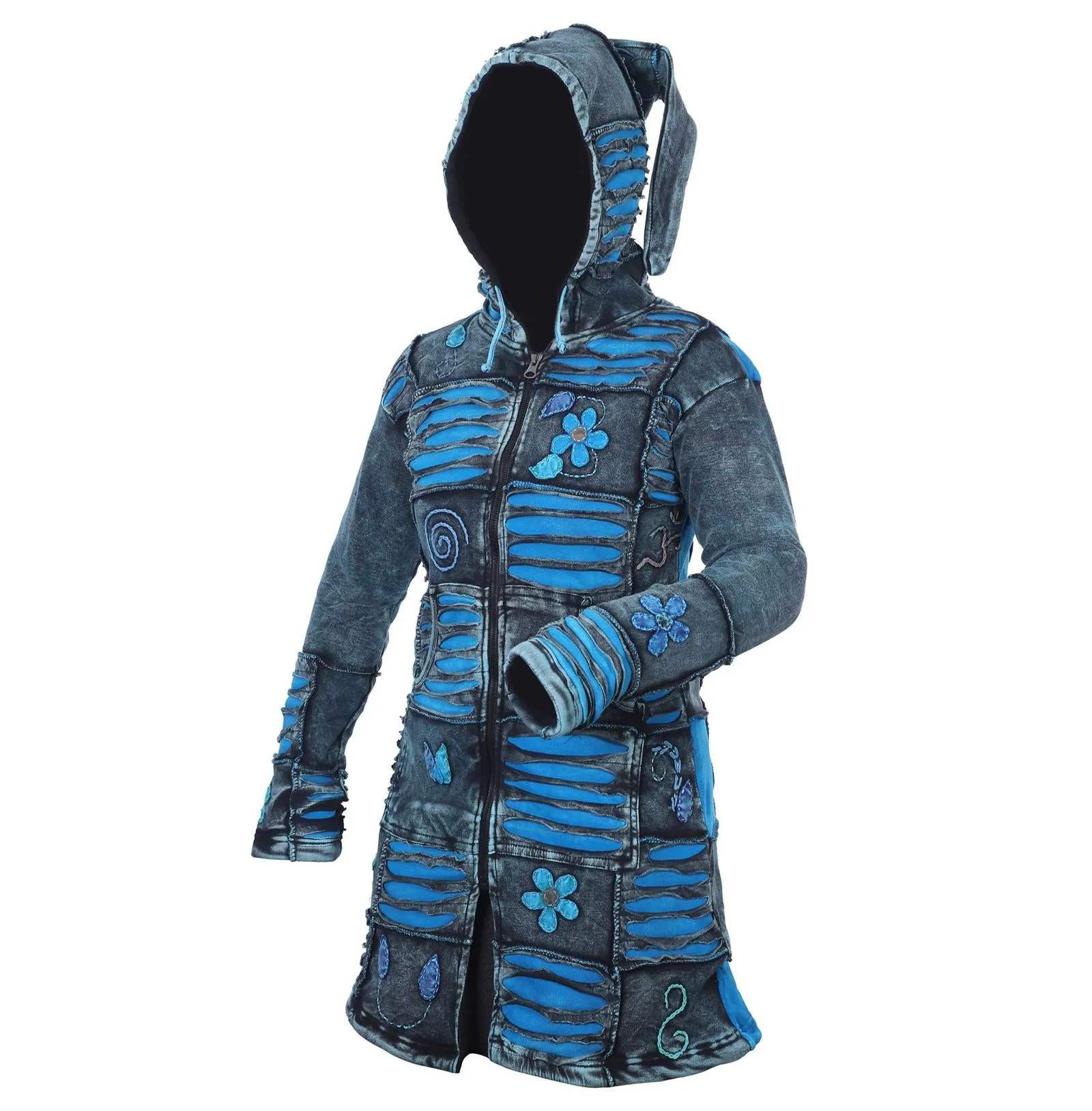Women's Blue Floral and Razor Cut Acid Wash Long Coat