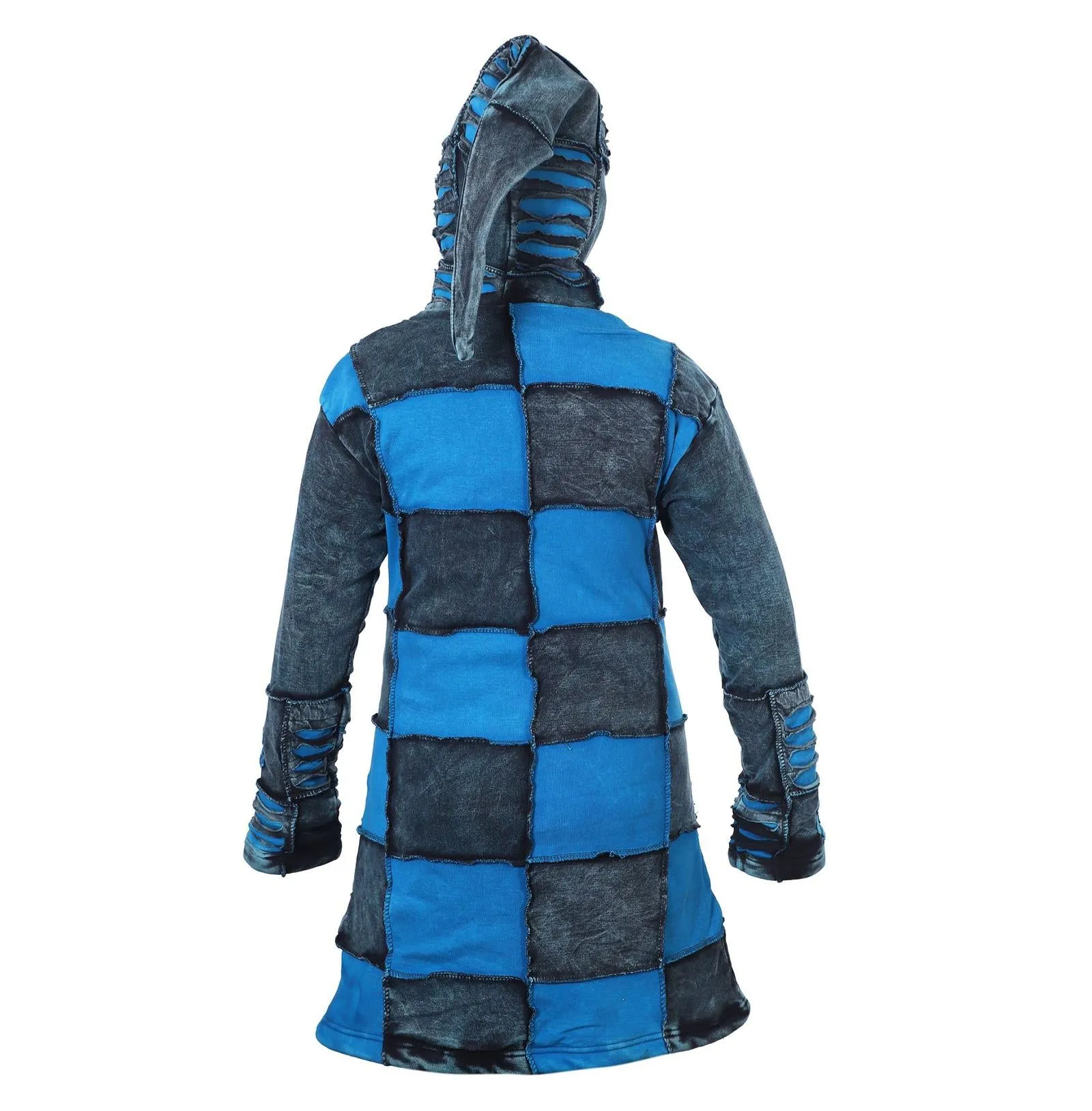 Women's Blue Floral and Razor Cut Acid Wash Long Coat