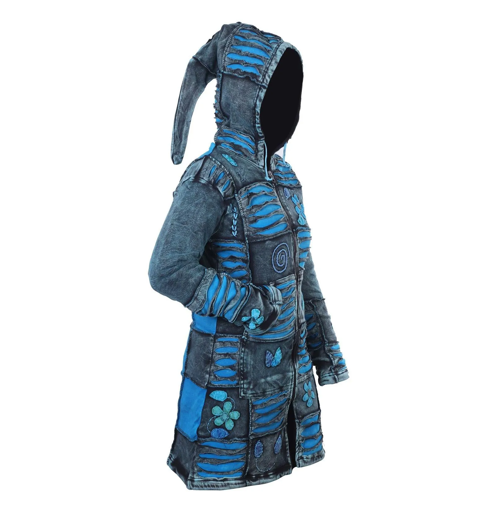 Women's Blue Floral and Razor Cut Acid Wash Long Coat