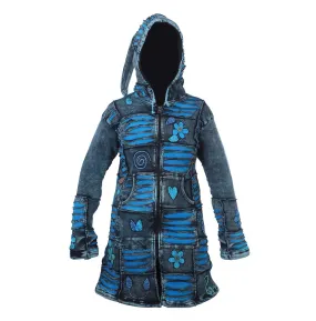 Women's Blue Floral and Razor Cut Acid Wash Long Coat
