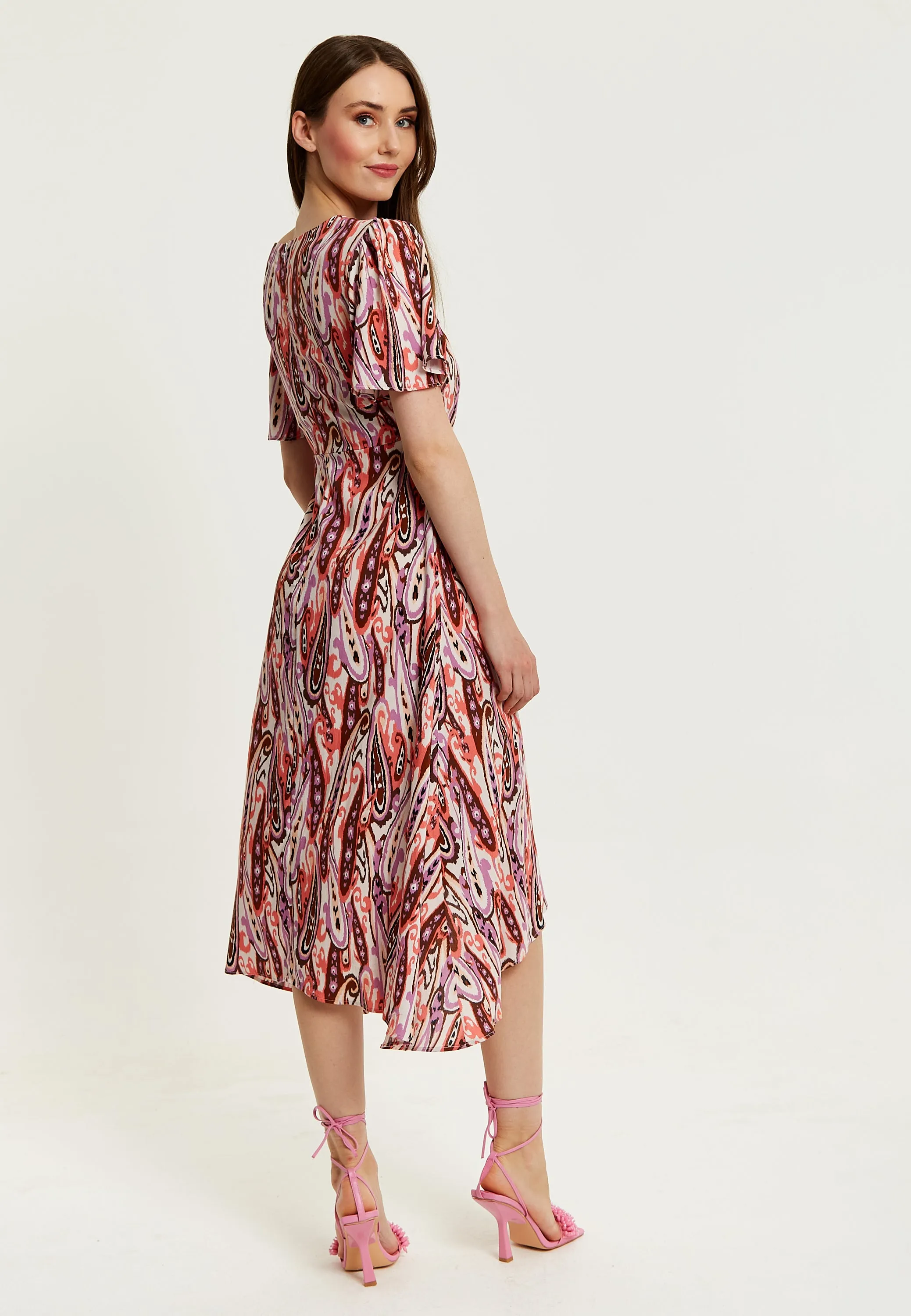 Women's Midi Wrap Dress in Brown and Pink with Short Sleeves - Paisley Print and Tie Waist by Liquorish