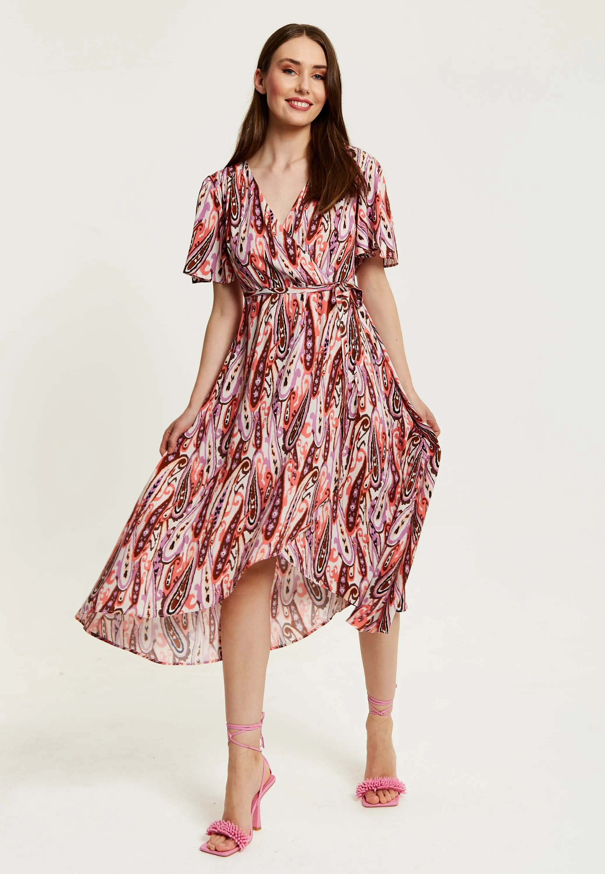 Women's Midi Wrap Dress in Brown and Pink with Short Sleeves - Paisley Print and Tie Waist by Liquorish