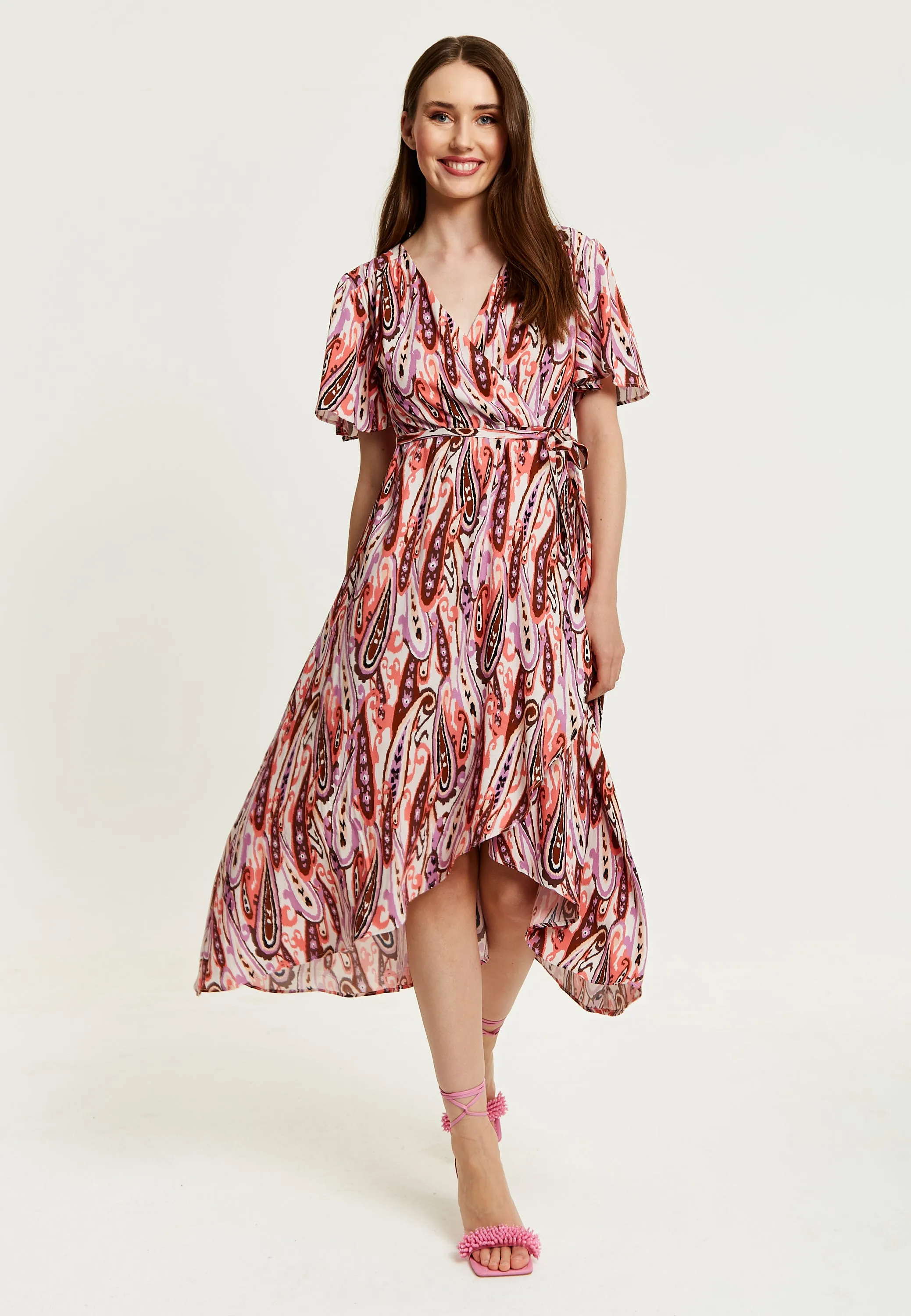 Women's Midi Wrap Dress in Brown and Pink with Short Sleeves - Paisley Print and Tie Waist by Liquorish