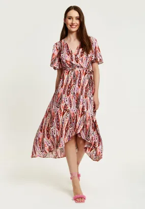 Women's Midi Wrap Dress in Brown and Pink with Short Sleeves - Paisley Print and Tie Waist by Liquorish