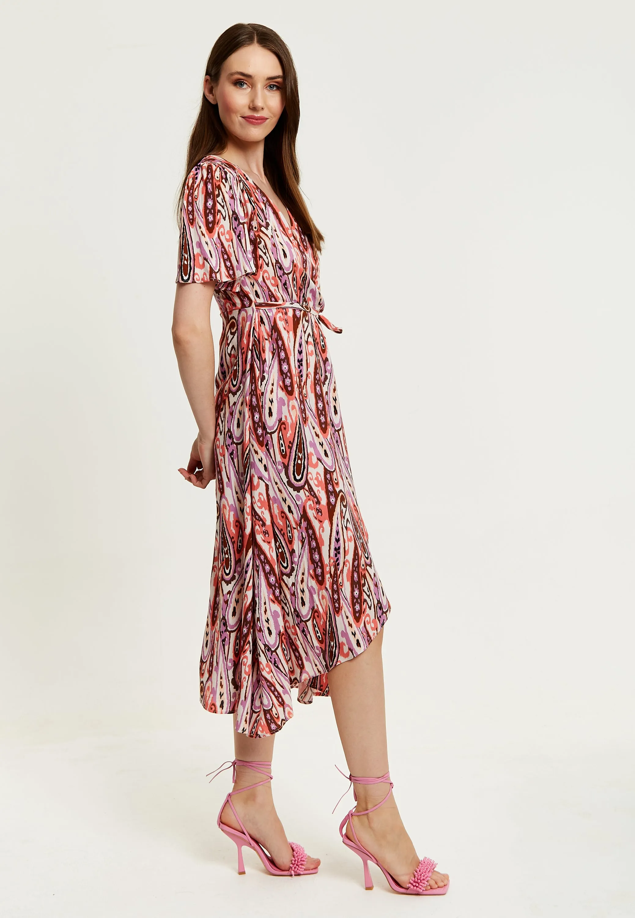 Women's Midi Wrap Dress in Brown and Pink with Short Sleeves - Paisley Print and Tie Waist by Liquorish