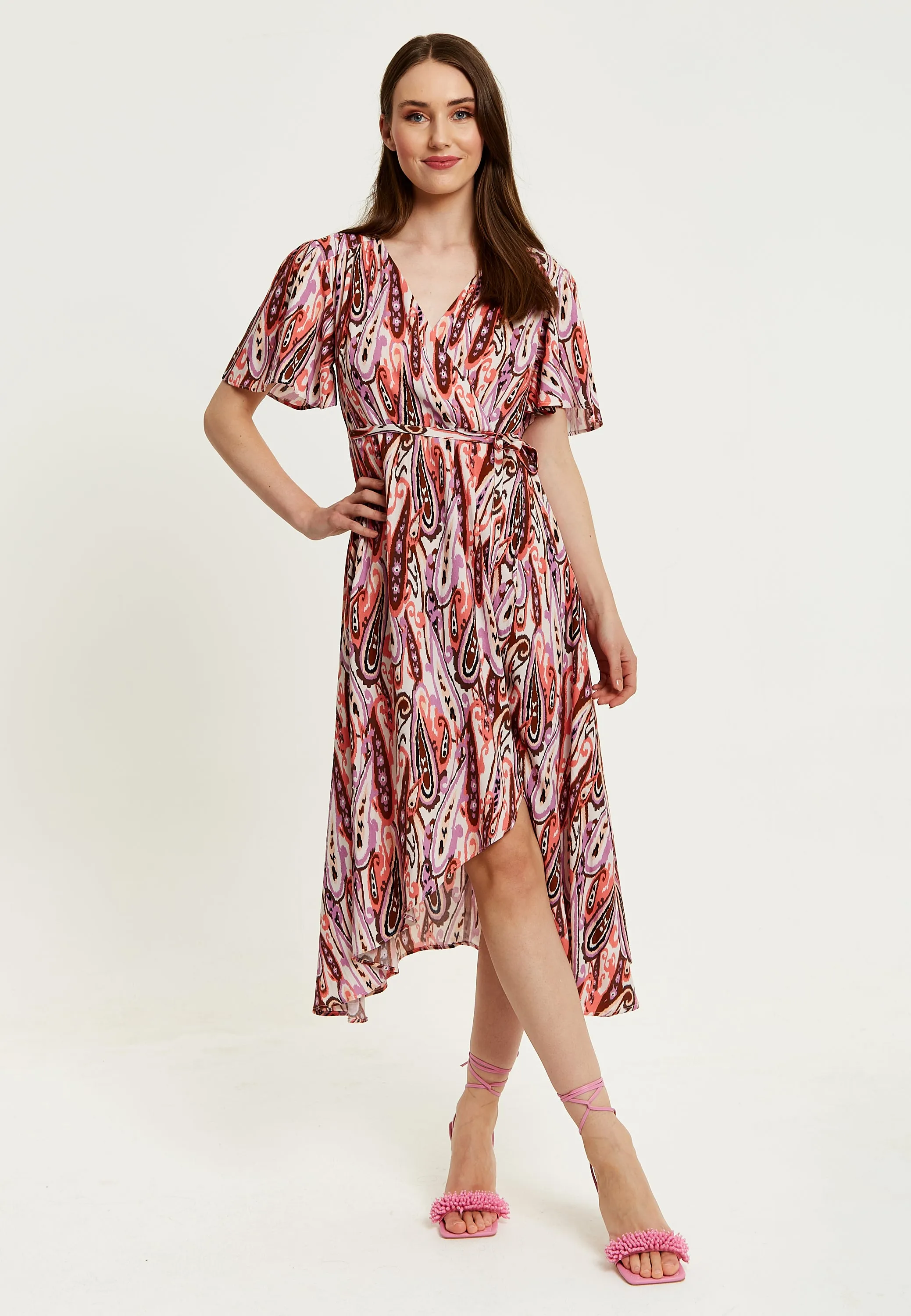 Women's Midi Wrap Dress in Brown and Pink with Short Sleeves - Paisley Print and Tie Waist by Liquorish